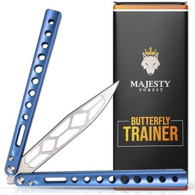 MAJESTY FOREST® Profi Butterfly Trainer (Blau) - Made with CNC aus Aluminium - Legales Balisong Messer mit Stumper Klinge als Trainingsmesser - Inkl. Zubehör von MAJESTY FOREST
