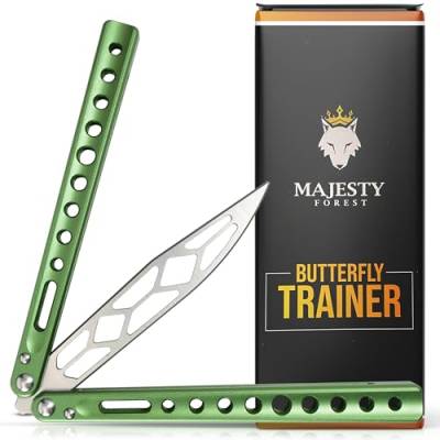 MAJESTY FOREST® Profi Butterfly Trainer (Grün) - Made with CNC aus Aluminium - Legales Balisong Messer mit Stumper Klinge als Trainingsmesser - Inkl. Zubehör von MAJESTY FOREST