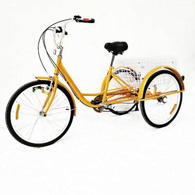 Dreirad Für Erwachsene Erwachsenen Dreirad Fahrrad Mit 3 Rädern Seniorenrad Lastenfahrrad 24" 6-Gang-Schaltung Shimano (Gelb mit Lichtern) von MINUS ONE
