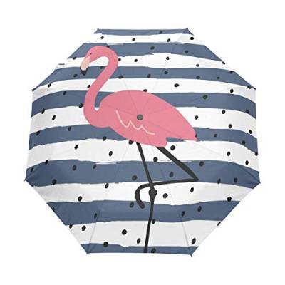 Niedlicher Flamingo mit Streifen, gepunktet, faltbar, Winddicht, Regen, automatischer Öffnung, Reise-Regenschirm, UV-Schutz für Damen und Herren von Mnsruu
