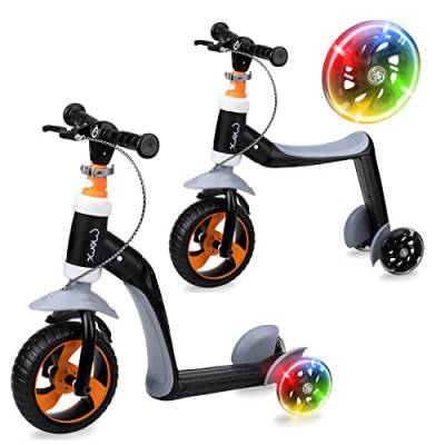 MoMi ELIOS 2-in-1 Laufrad und 3-Rad-Tretroller mit PU-Rollen, höhenverstellbarer Lenker, für Kinder ab 2. Lebensjahr und Körpergewicht unter 25 kg, LED-Rollen leuchten beim Fahren von Momi