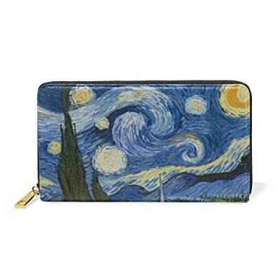 Van Gogh Star Night Aquarell Damen Brieftasche Reißverschluss Geldbörse Echtes Leder Geldbeutel Telefon Kreditkartenetui Portemonnaie für Frauen Mädchen von Mnsruu