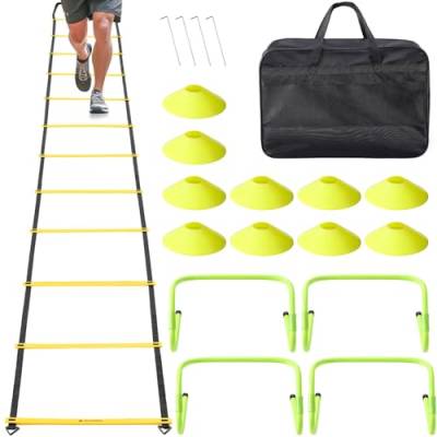 Navaris Trainingsset Sport mit Fitnessleiter - inkl. Koordinationsleiter verstellbare Hürden Kegel Befestigungshaken und Tragetasche - Agility Ladder Sport Set von Navaris