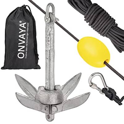 ONVAYA® Bootsanker | 0,7 kg | Klappanker | Set inklusive Ankerleine mit Karabiner, Ankerboje und Transportbeutel | Faltanker | Anker für Boot, Schlauchboot, SUP, Kajak, Kanu von ONVAYA