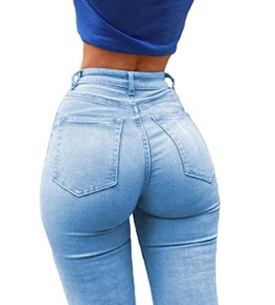 ORANDESIGNE Damen Stretch Hose mit Hoher Taille Jeggings Stretch Hose Push Up Jeans Mode Taschen Knöpfen Skinny Push Up Po Lang Hosen B Hellblau 3XL von ORANDESIGNE