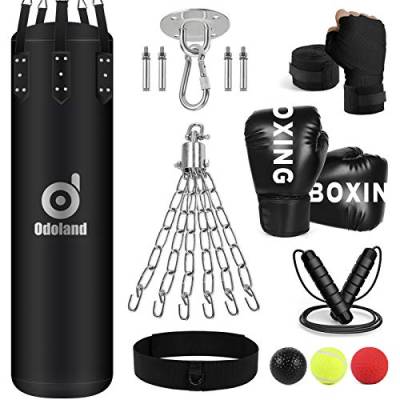 Odoland Boxsack Set Ungefüllt 8 in 1, 120 cm Punchingsäcke mit Boxhandschuhe 12oz, Reflexball, Boxbandagen, Kette Deckenhaken, Springseil, Boxsack Erwachsene für MMA Kickboxen Boxing von Odoland