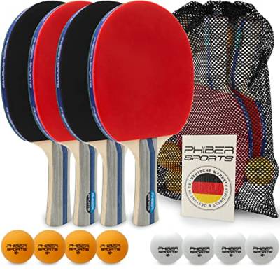 PHIBER-SPORTS Tischtennis Set mit 4 Tischtennisschläger + 8 Tischtennisbälle + Praktische Tragetasche | Indoor & Outdoor | Ideal für Anfänger, Familien und Profis - Tischtennisschlaeger von PHIBER-SPORTS