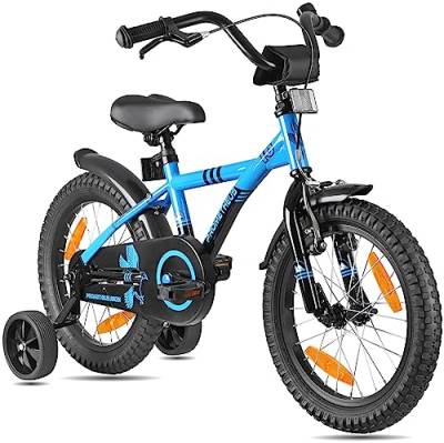 PROMETHEUS BICYCLES Kinderfahrrad 16 Zoll ab 5 Jahren - Kinder Fahrrad Mädchen Jungen Fahrrad Kinder mit Stützräder Rücktrittbremse in Blau Schwarz von PROMETHEUS BICYCLES