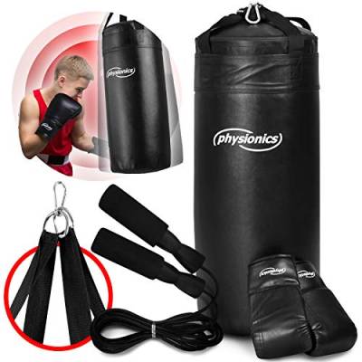 Physionics® Kinder Boxsack-Set - Ø30cm, H70cm, 13kg, Gefüllt, mit 8 oz Boxhandschuhen und Springseil, für Kinder, Karabinerhaken - hängend Sandsack, Kickboxen, MMA, Kampfsport, Muay Thai, Punching Bag von Physionics