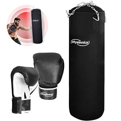 Physionics® Boxsack Set - mit Boxhandschuhen, Gefüllt, 25 kg, H100cm, Vierpunkt-Stahlkette - Erwachsene Punchingsäcke, hängend Boxen Sandsack, Punching Bag für Kickboxen, MMA, Kampfsport, Muay Thai von Physionics