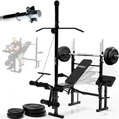 Physionics® Hantelbank mit Langhantel - Ablage, 40/70/100kg Gewichten, Butterfly, Beinstrecker, Curlbank, Latzug, 140/165cm, Multifunktional - Trainingsbank, Fitnessstation (40kg Gewichte+Langhantel) von Physionics