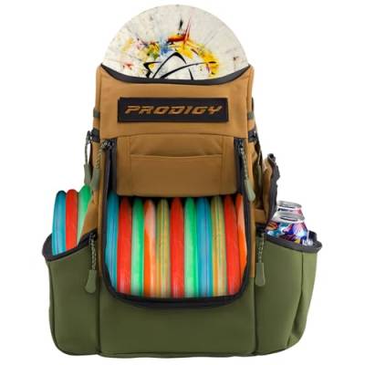 Prodigy Disc Apex Disc Backpack | Store Up to 20+ Discs | Insulated Cooler Pocket | Disc Golf Bags with Umbrella Sleeve | Safety Pouches for Wallets or Keys | Cordura Nylon Material (Tan & Green) von Prodigy Disc
