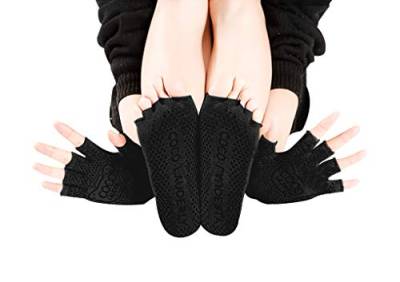 RUIXIB Pilates Socken Yoga Socken Handschuhe mit Zehen rutschfeste Sportsocken mit Gummisohlen Atmungsaktivität Baumwollschweiß Ideal für Yoga-Tanz-Fitness（Zehensocken + Handschuhe） von RUIXIB