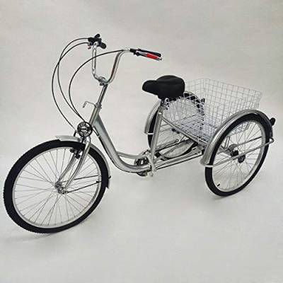 SHIOUCY Fahrrad mit Licht Dreirad Für Erwachsene 24 Zoll 6 Geschwindigkeit 3 Rad Fahrrad Dreirad mit Korb Landhausstil Erwachsenendreirad, DHL (Silber) von SHIOUCY