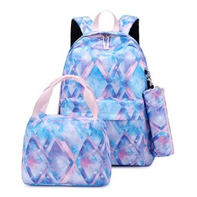 SIVENKE Schulrucksack-Set mit Lunchbox-Tasche & Federmäppchen, 3-teilig, Schulranzen für Mädchen, Blau/Rosa von SIVENKE