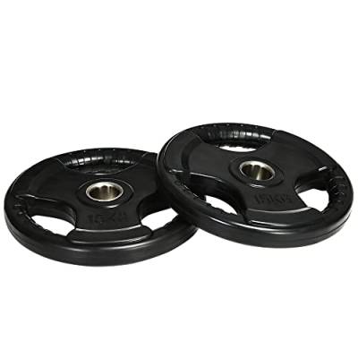 SPORTNOW Hantelscheiben 2er-Set, Tri-Grip 2 x 15 KG gummierte Olympiascheiben, bodenschonender Gewichtsscheiben mit 5 cm Bohrung, drei Griffen, für Gewichtheben, Krafttraining von SPORTNOW