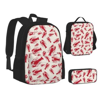 SUHNGE Schulrucksack-Set mit farbigen Rollschuhen, Teenager-Motiv, Lunch-Tasche, Federmäppchen, 3-in-1, Schulrucksack-Set, Kinderrucksack, Roter Hummer, Einheitsgröße von SUHNGE