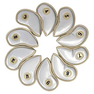 SUVIA Golfschlägerhauben mit Nummernschildern, Schlägerhaube, Schlägerkopfschutz, Golfzubehör, Silber, 10 Stück von SUVIA