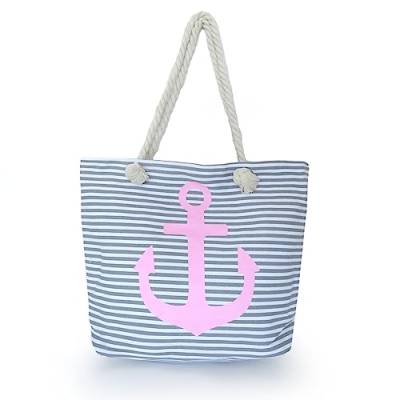 Sonia Originelli Shopper Strandtasche Kordel Seil Streifen Anker Anchor Maritim T021-AN-RV (Grau-rosa) von Sonia Originelli