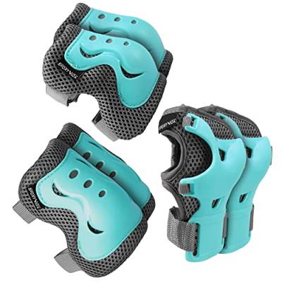 SportVida Schützer Set für Kinder Knieschoner Handgelenkschoner Ellenbogenschoner Protektoren Schutzausrüstung Schützer Protektorenset für Skateboard Roller Skaten (L, GRAU UND BLAU) von SportVida