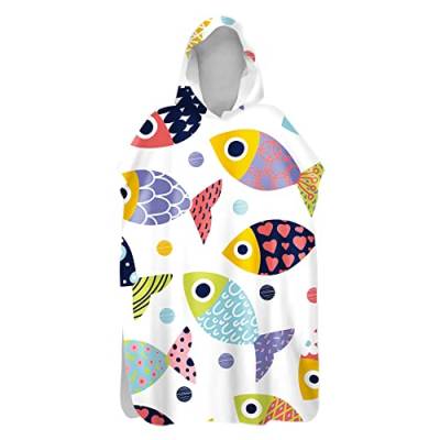 Treer Surf Poncho Mikrofaser, 3D Fisch Druck Umziehhilfe Schnelltrocknend Schwimmen Strandtuch mit Kapuze Badeponcho Strand Handtuch für Erwachsene Herren Damen Kinder (Liebe Fisch,75x145cm) von Treer