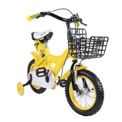 12 Zoll Kinderfahrrad, Fahrrad für Jungen und Mädchen, Höhenverstellbar Kinderrad mit Stützrädern, Korb, Wasserflasche, Von 2-4 Jahren (Gelb) von VKROOD
