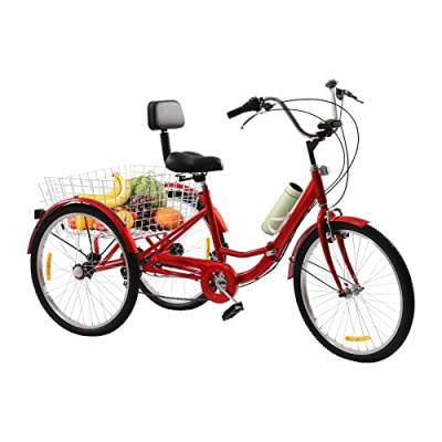 VKROOD 24 Zoll Erwachsene Dreirad mit Warenkorb, 3 Räder Fahrrad, 6 Gänge Faltbar Senioren Fahrrad, Städtisches Dreirad mit Korb, Wasserflaschenhalter & Licht für Picknicks Einkäufe (Rot) von VKROOD