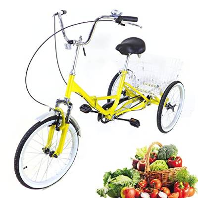 VKROOD Dreirad für Erwachsene, 20 Zoll Faltbar Dreirad, 3 Räder Fahrrad mit Einkaufskorb, Verstellbare Senioren Fahrrad für Einkaufen von VKROOD