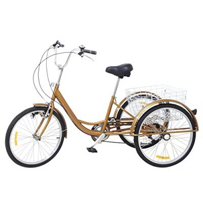VKROOD Dreirad für Erwachsene, 24 Zoll 3 Räder 6 Gang Fahrrad mit Einkaufskorb & Licht, Verstellbare Senioren Dreirad Fahrräder für Einkaufsrad, Max 120KG (Goldene) von VKROOD
