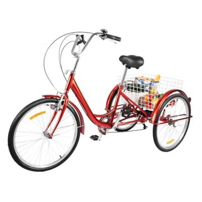 VKROOD Dreirad für Erwachsene, 24 Zoll 3 Räder 6 Gang Fahrrad mit Einkaufskorb & Licht, Verstellbare Senioren Dreirad Fahrräder für Einkaufsrad, Max 120KG (Rot) von VKROOD