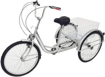 VKROOD Dreirad für Erwachsene, 24 Zoll 3 Räder 6 Gang Fahrrad mit Einkaufskorb & Licht, Verstellbare Senioren Dreirad Fahrräder für Einkaufsrad, Max 120KG (Silber) von VKROOD