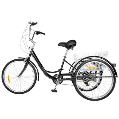 VKROOD Dreirad für Erwachsene 24 Zoll, 8 Gang Dreirad Fahrräder aus Kohlenstoffstahl mit Einkaufskorb, 3 Räder Erwachsenendreirad Fahrrad für Erwachsene, Cruise Bikes, Max 120KG von VKROOD