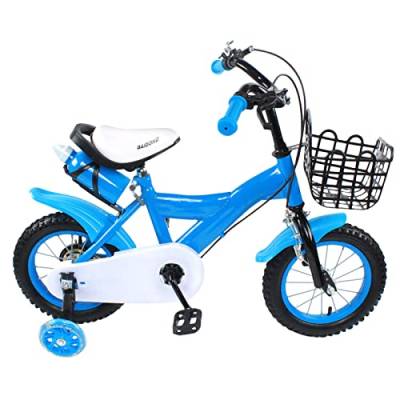 WOLEGM 12 Zoll Fahrrad, Kinderfahrrad mit Handbremse, Stützräder und Frontkorb, für Kinder ab 3 Jahre, Blau von WOLEGM