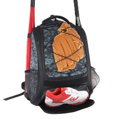 WOLT | Jugend-Baseballtasche – Rucksack für T-Ball & Softball-Ausrüstung & Ausrüstung, Schläger & Handschuhhalter, großes Hauptfach für Helm & Zubehör, separates Schuhfach, Zaunhaken (CamoGrey) von WOLT