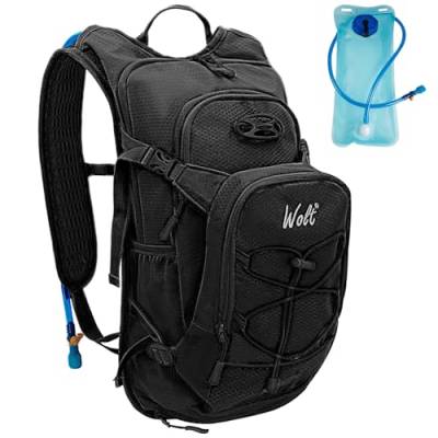 Wolt Wander-Trinkrucksack mit 2 l Trinkblase für Damen und Herren, Wasserrucksack zum Wandern, Laufen, Radfahren, Klettern (schwarz) von WOLT