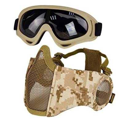 Yzpacc Taktische Airsoft Maskenbrille Set, Verstellbare Halbgesichtsmaske mit Ohrenschutz, Anti-UV, Airsoft Gläser, Augenschutz für Airsoft/BB/CS-Spiele/Jagd/Paintball/Shooting(DD) von Yzpacc