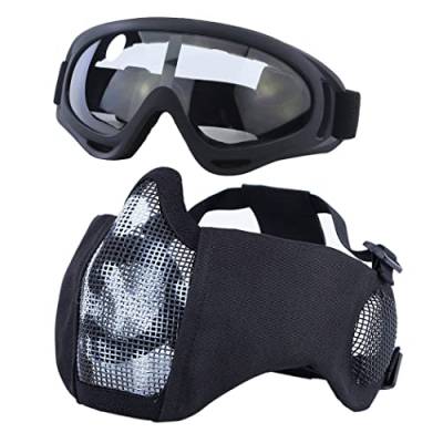 Yzpacc Taktische Airsoft Maskenbrille Set, Verstellbare Halbgesichtsmaske mit Ohrenschutz, Anti-UV, Airsoft Gläser, Augenschutz für Airsoft/BB/CS-Spiele/Jagd/Paintball/Shooting (WB) von Yzpacc