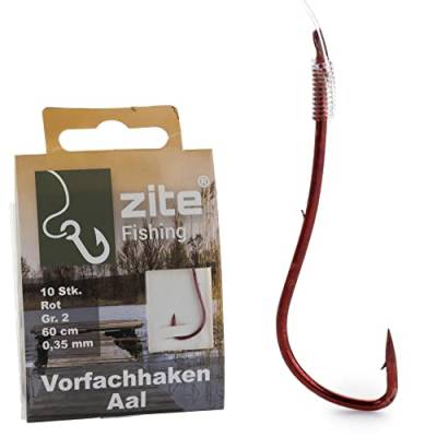 Zite Fishing Aal-Haken Gebunden 10 Stück – Monofile Vorfachschnur Aal-Angeln mit Angelhaken Rot Gr.1-2 – Angelschnur mit Angelhaken (Größe 2) von Zite