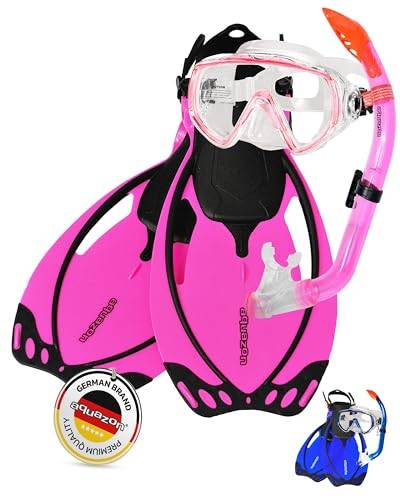 AQUAZON Miami Schnorchelset, Schwimmset, Tauchset, Taucherbrille mit Anti Fog Tempered Glas, Silkon, Semi Dry Schnorchel, verstellbare Flossen für Kinder, Farbe:pink, Größe:32/37 von aquazon