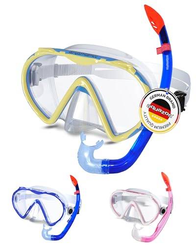 AQUAZON Korfu Hochwertiges Schnorchelset, Tauchset, Schwimmset, Schnorchelbrille mit Tempered Glas, Schnorchel mit semi Dry top für Kinder, Jugendliche Von 7-12 Jahren, Farbe:Blue Yellow von aquazon