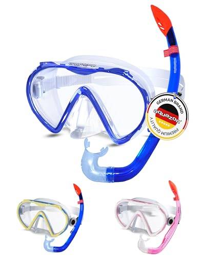 AQUAZON Korfu Hochwertiges Schnorchelset, Tauchset, Schwimmset, Schnorchelbrille mit Tempered Glas, Schnorchel mit semi Dry top für Kinder, Jugendliche Von 7-12 Jahren, Farbe:Blue von aquazon