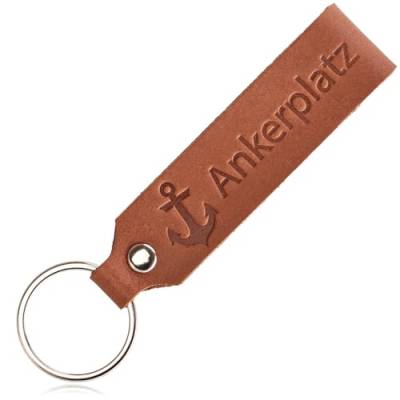 com-four® Schlüsselanhänger aus Leder mit Ring - Echt-Lederanhänger mit geprägter Aufschrift und Schlüsselring - Lederband für den Schlüsselbund - individueller Schlüsselbundanhänger (ANKERPLATZ) von com-four