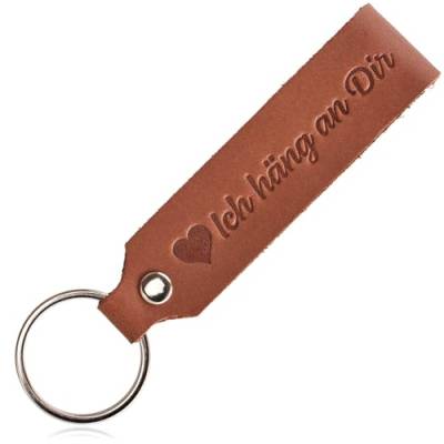 com-four® Schlüsselanhänger aus Leder mit Ring - Echt-Lederanhänger mit geprägter Aufschrift und Schlüsselring - Lederband für den Schlüsselbund - individueller Schlüsselbundanhänger (Ich häng an Dir) von com-four