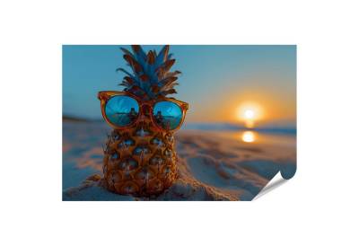 islandburner Poster Stilvolles Wandbild: Ananas mit Sonnenbrille am Strand beim Sonnenunte von islandburner