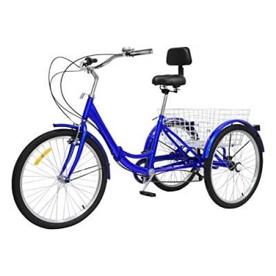 Faltbares Dreirad für Erwachsene Fahrrad 3-Rad für Senioren Lastenfahrrad 7-Gang mit Einkaufskorb 24 Zoll Blau von kangten