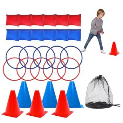 mimika Kegel-Ringwurf-Kombi-Set, Sitzsack-Spielsets | 3-in-1-Karnevals-Outdoor-Spiele-Kombi-Set für Kinder | Ringwurfspiel-Kombiset für Kinder von mimika