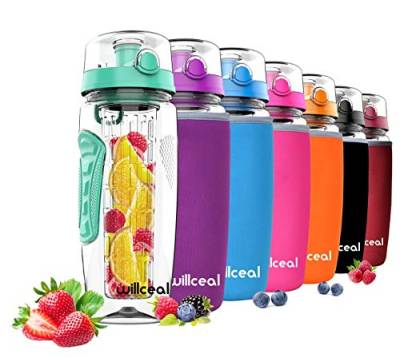 willceal Wasserflasche mit Fruchteinsatz 945 ml –Hochwertig und beständig – Groß, BPA-frei, aus Tritan – Aufklappbarer Deckel mit Tragegriff – Auslaufsicheres Design (Mint) von willceal