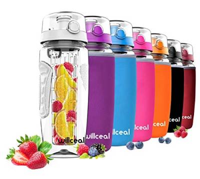 willceal Wasserflasche mit Fruchteinsatz 945 ml – Hochwertig und beständig – Groß, BPA-frei, aus Tritan – Aufklappbarer Deckel mit Tragegriff – Auslaufsicheres Design (weiß) von willceal