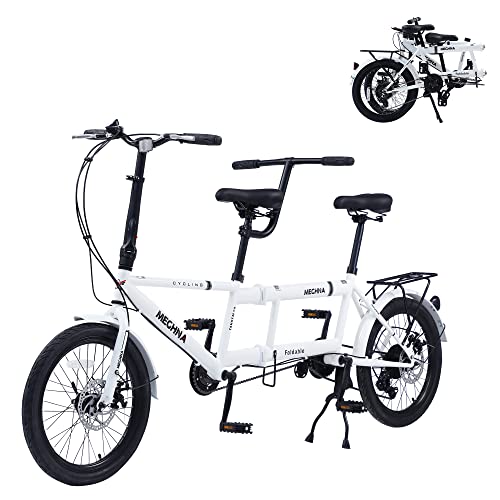 BIXUYOU Klappbares Tandemfahrrad, 20-Zoll-City-Tandem-Faltrad, verstellbares Tandem-Beach-Cruiser-Fahrrad, Faltrad mit 3 Sitzen für Erwachsene, 7 Geschwindigkeiten, CE/FCC (Weiß) von BIXUYOU