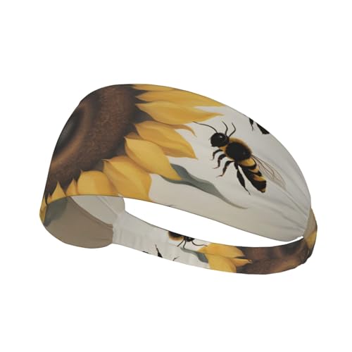 Elastisches Aldult-Stirnband für Damen und Herren, feuchtigkeitsableitend, athletisch, zum Laufen, Trainieren, Bienen- und Sonnenblumenmuster von BROLEO